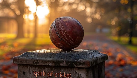 A cricket ball placed on a pedestal adorned with the words "spirit of cricket."  Source: Midjourney 